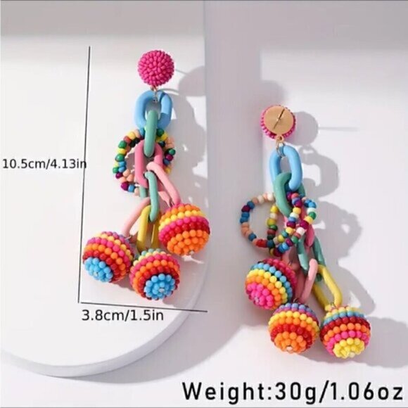 Colorful Pom Pom Tassel Earrings Beach Vacation - Picture 3 of 3